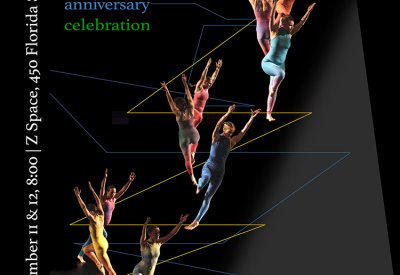 Nine brightly clad dancers fall away from each other against a background of zigzags