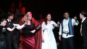 Opera Academy participants in action: Anna Belaya (Donna Anna), Andres Ramirez (Ottavio), Jennifer Rogers (Donna Elvira), Erica Wilens (Zerlina), Daniel Yoder (Masetto), Austin Thompson (Don Giovanni)