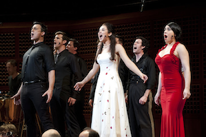 Cheyenne Jackson (Tony), Alexandra Silber (Maria), Jessica Vosk (Anita) & The Jets during "Tonight"